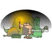 Caveman Holding a Torch in a Cave Full of Dinosaurs Clipart Picture © djart #6169