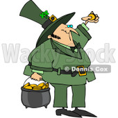 Royalty-Free (RF) Clipart Illustration of a St Patrick's Day Leprechaun Inspecting A Gold Coin And Carrying A Pot Of Gold © djart #83022