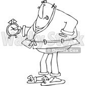 Clipart of a Cartoon Black and White Chubby Grumpy Man Wearing Pajamas and Bunny Slippers and Holding an Alarm Clock - Royalty Free Vector Illustration © djart #1373295