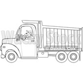 Clipart of a Cartoon Black and White Lineart Man Driving a Dump Truck - Royalty Free Vector Illustration © djart #1443976