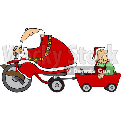 Royalty-Free (RF) Clipart Illustration of Santa Riding A Trike And Pulling An Elf In A Wagon © djart #100128