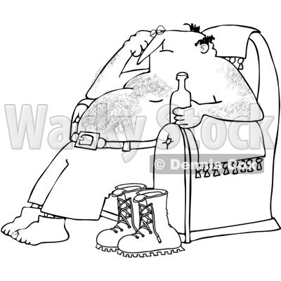 Royalty-Free Vector Clip Art Illustration of a Black And White Stressed Man Drinking A Beer Outline © djart #1054305