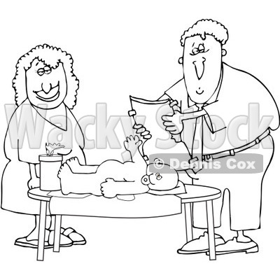 Royalty-Free Vector Clip Art Illustration of a Black And White Father Changing A Baby Diaper Outline © djart #1054315