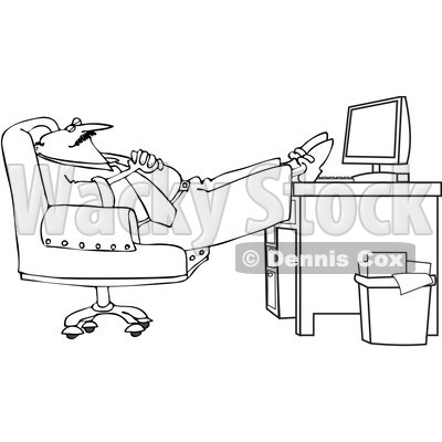 Royalty-Free Vector Clip Art Illustration of a Black And White Man Sleeping At Work Outline © djart #1054327