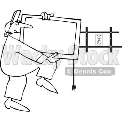 Royalty-Free Vector Clip Art Illustration of a Black And White TV Installer Outline © djart #1054339
