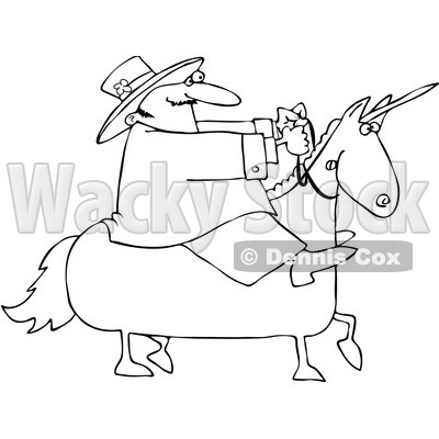 Royalty-Free Vector Clip Art Illustration of a Black And White Leprechaun On A Unicorn Outline © djart #1054348