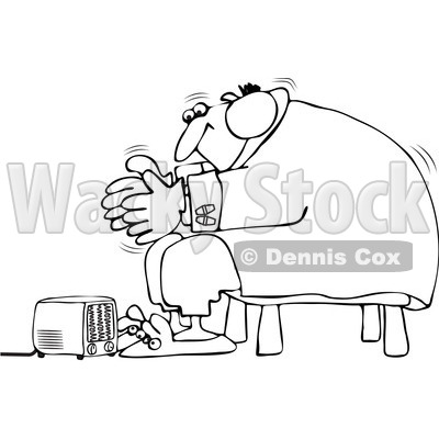 Royalty-Free Vector Clip Art Illustration of a Black And White Man By A Floor Heater Outline © djart #1054366