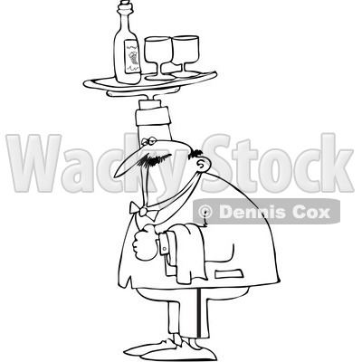 Royalty-Free Vector Clip Art Illustration of a Coloring Page Outline Of A Chubby Male Waiter Holding A Tray Of Wine Over His Head © djart #1055603