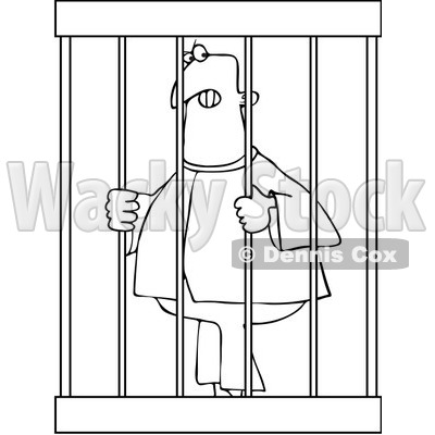 Royalty-Free Vector Clip Art Illustration of a Coloring Page Outline Of An Angry Prisoner Behind Bars © djart #1057891