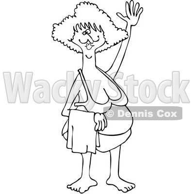 Clipart Outlined Middle Aged Woman Waving In A Bikini - Royalty Free Vector Illustration © djart #1073090