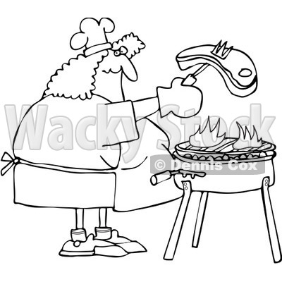 Clipart Outlined Woman Grilling Steak On A BBQ - Royalty Free Vector Illustration © djart #1078428