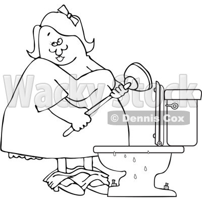 Clipart Outlined Woman With A Plunger Over A Clogged Toilet - Royalty Free Vector Illustration © djart #1082257