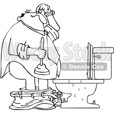 Clipart Outlined Man With A Plunger Over A Clogged Toilet - Royalty Free Vector Illustration © djart #1082261