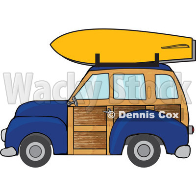 Clipart Navy Blue Woodie Station Wagon With A Surfboard On Top - Royalty Free Vector Illustration © djart #1095769