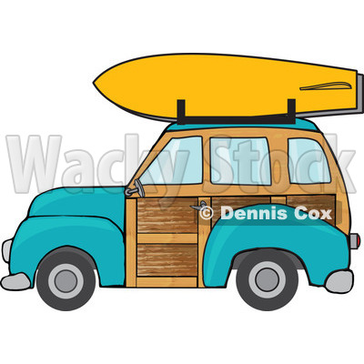 Clipart Turquoise Woodie Station Wagon With A Surfboard On Top - Royalty Free Vector Illustration © djart #1095774