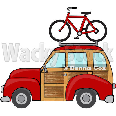 Clipart Red Woodie Station Wagon With A Bicycle On Top - Royalty Free Vector Illustration © djart #1097239