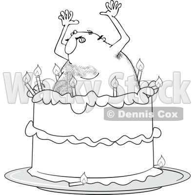 Clipart Outlined Hairy Man Popping Out Of A Birthday Cake - Royalty Free Vector Illustration © djart #1103612