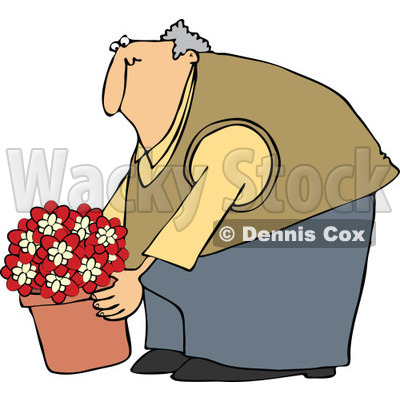Clipart Chubby Man Leaning Over And Lifting A Potted Plant - Royalty Free Vector Illustration © djart #1105051