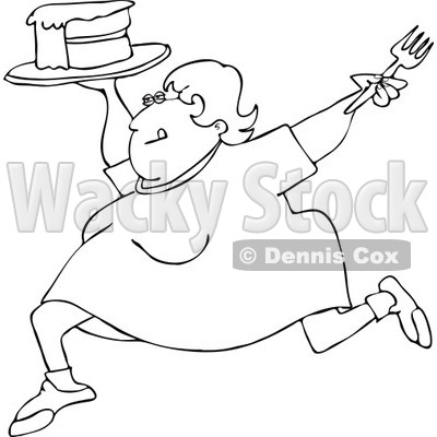 Clipart Outlined Cartoon Happy Fat Woman Running With Cake - Royalty Free Vector Illustration © djart #1109823