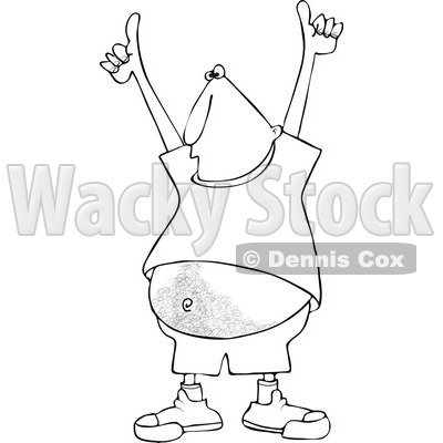 Clipart Outlined Cartoon Man Holding Two Thumbs Up High And Showing His Hairy Belly - Royalty Free Vector Illustration © djart #1110162