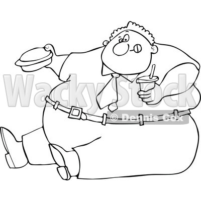 Clipart Outlined Cartoon Unhealthy Obese Man Eating A Hamburger And Holding A Soda - Royalty Free Vector Illustration © djart #1110163