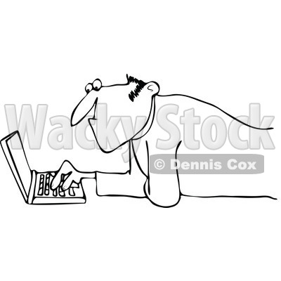 Clipart Outlined Man Propped Up On His Elbows And Using A Laptop On The Floor - Royalty Free Vector Illustration © djart #1110924