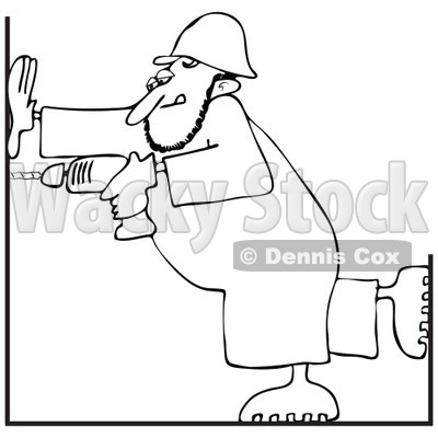 Clipart Outlined Construction Worker Man Using A Power Drill - Royalty Free Vector Illustration © djart #1112783