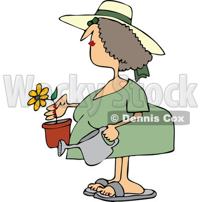 Clipart Woman Holding A Potted Flower And Watering Can - Royalty Free Vector Illustration © djart #1114224