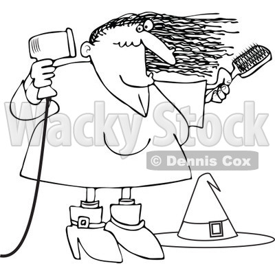 Clipart Outlined Halloween Witch Blow Drying Her Hair - Royalty Free Vector Illustration © djart #1115782