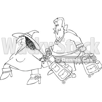 Clipart Of An Outlined Traveling Halloween Witch And Vampire With Luggage - Royalty Free Vector Illustration © djart #1116710