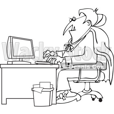 Cartoon Of An Outlined Halloween Vampire Using A Computer At An Office Desk - Royalty Free Vector Clipart © djart #1118154