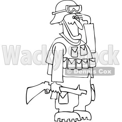 Cartoon Of An Outlined Army Soldier Holding A Gun And Saluting - Royalty Free Vector Clipart © djart #1125276