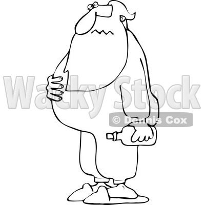 Cartoon Of An Outlined Sick Santa Holding His Sour Stomach And Medicine - Royalty Free Vector Clipart © djart #1125279