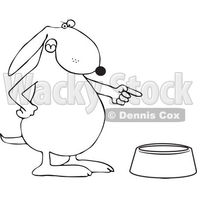 Cartoon Of An Outlined Angry Dog Pointing To An Empty Food Bowl - Royalty Free Vector Clipart © djart #1126793