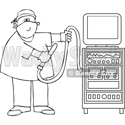 Cartoon Of An Outlined Proctologist Doctor With Colonoscopy Equipment - Royalty Free Vector Clipart © djart #1126796