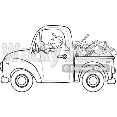 Cartoon Of An Outlined Worker Driving A Truck With Firewood Gasoline And A Saw In The Bed - Royalty Free Vector Clipart © djart #1127097