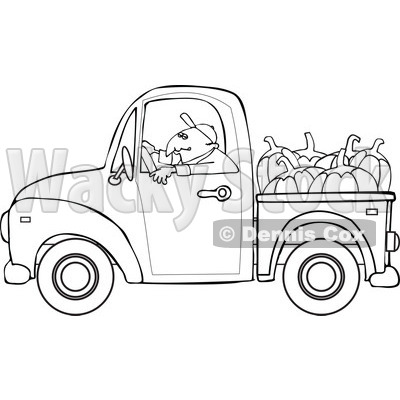 Cartoon Of An Outlined Farmer Driving A Truck With Pumpkins In The Bed - Royalty Free Vector Clipart © djart #1127098