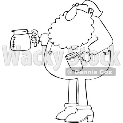 Cartoon of an Outlined Santa in His Pajamas Holding a Coffee Cup and Pot - Royalty Free Vector Clipart © djart #1146372