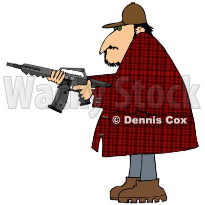 Cartoon of a Man in a Plaid Jacket, Holding a Semi Automatic Assault Rifle with a Clip - Royalty Free Clipart © djart #1160716