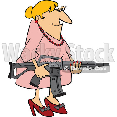 Cartoon of a Smiling Blond Caucasian Woman Holding an Assault Rifle - Royalty Free Vector Clipart © djart #1160956