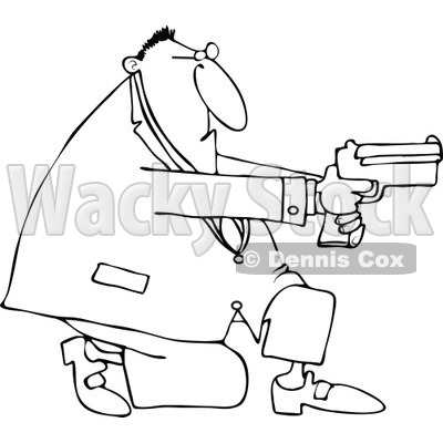 Cartoon of an Outlined Kneeling Man Using a Pistol - Royalty Free Vector Clipart © djart #1164202