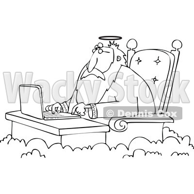 Cartoon of an Outlined Jesus Working on a Laptop at a Desk in Heaven - Royalty Free Vector Clipart © djart #1164206