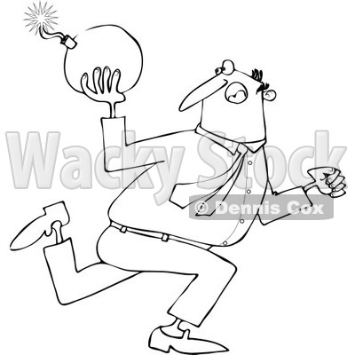Cartoon of an Outlined Businessman Running and Ready to Throw a Bomb - Royalty Free Vector Clipart © djart #1168913