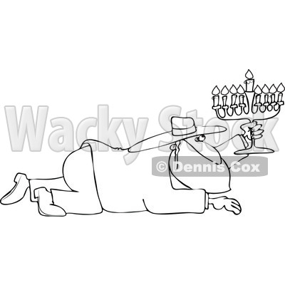 Cartoon of an Outlined Rabbi Man Crawling with a Menorah - Royalty Free Vector Clipart © djart #1170561