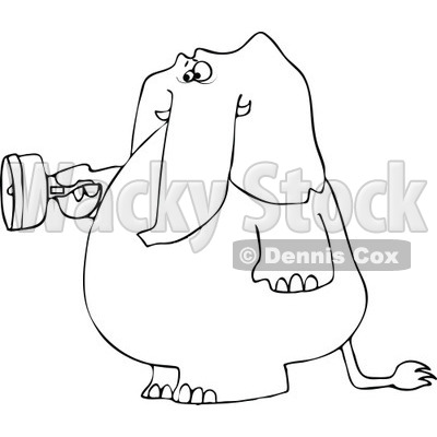 Cartoon of an Outlined Elephant Standing and Using a Flashlight - Royalty Free Vector Clipart © djart #1172260