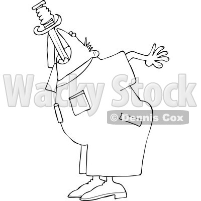 Cartoon of an Outlined Worker Man Practicing Sword Swallowing - Royalty Free Vector Clipart © djart #1177327