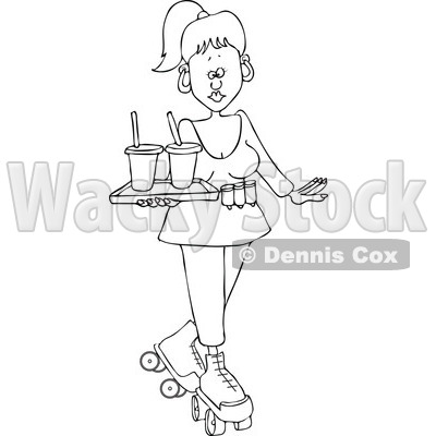 Cartoon of an Outlined Roller Skating Carhop Waitress with Drinks on a Tray - Royalty Free Vector Clipart © djart #1177989