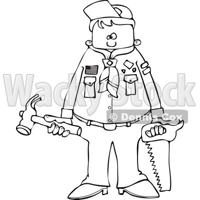 Cartoon of an Outlined Scout Boy Holding Tools - Royalty Free Vector Clipart © djart #1186284