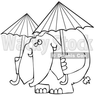 Cartoon of an Outlined Elephant with Two Umbrellas - Royalty Free Vector Clipart © djart #1199638