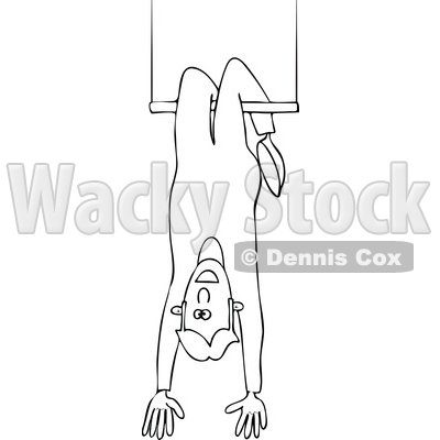 Cartoon of an Outlined Circus Man Hanging Upside down on a Trapeze - Royalty Free Vector Clipart © djart #1199642